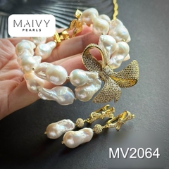 MV2064 - Set Trai Baroque Trắng Charm Nơ Gồm 3 Sản Phẩm Dây Chuyền/ Lắc Tay/Bông Tai 2 Màu Mạ Vàng/Xi Kim