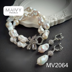 MV2064 - Set Trai Baroque Trắng Charm Nơ Gồm 3 Sản Phẩm Dây Chuyền/ Lắc Tay/Bông Tai 2 Màu Mạ Vàng/Xi Kim