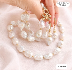 MV2064 | Set Dây Chuyền - Lắc Tay Và Bông Tai Ngọc Trai Baroque Trắng Phối Charm Nơ - Tiểu Thư Dịu Dàng