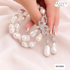 MV2064 | Set Dây Chuyền - Lắc Tay Và Bông Tai Ngọc Trai Baroque Trắng Phối Charm Nơ - Tiểu Thư Dịu Dàng