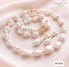 MV2064 | Set Dây Chuyền - Lắc Tay Và Bông Tai Ngọc Trai Baroque Trắng Phối Charm Nơ - Tiểu Thư Dịu Dàng