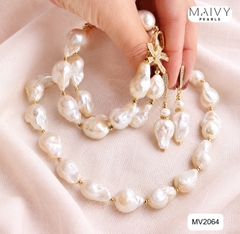 MV2064 | Set Dây Chuyền - Lắc Tay Và Bông Tai Ngọc Trai Baroque Trắng Phối Charm Nơ - Tiểu Thư Dịu Dàng
