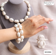 MV2064 | Set Dây Chuyền - Lắc Tay Và Bông Tai Ngọc Trai Baroque Trắng Phối Charm Nơ - Tiểu Thư Dịu Dàng