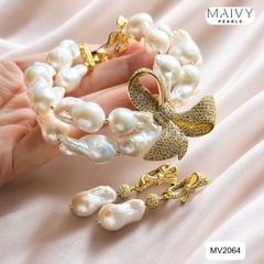 MV2064 | Set Dây Chuyền - Lắc Tay Và Bông Tai Ngọc Trai Baroque Trắng Phối Charm Nơ - Tiểu Thư Dịu Dàng