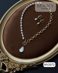 MV2172- Set Ngọc Trai Trắng Gồm Dây Chuyền Nửa Trai Nửa Dây Mạ Vàng 18K Và Bông Tai