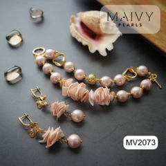 MV2073 - Set Ngọc Trai Hồng Ánh Tím Mix Gốm Gồm Lắc Tay/Bông Tai