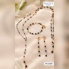 Bộ trang sức spinel đen nhí xích vàng: dây chữ Y, choker 2 tầng, lắc tay, hoa tai MV2089