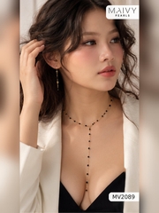Bộ trang sức spinel đen nhí xích vàng: dây chữ Y, choker 2 tầng, lắc tay, hoa tai MV2089