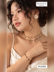 Bộ trang sức spinel đen nhí xích vàng: dây chữ Y, choker 2 tầng, lắc tay, hoa tai MV2089