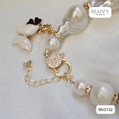 MV2132 - Lắc Tay Ngọc Trai Trắng Baroque Nhấn Charm Bạc 925 Mạ Vàng 18k