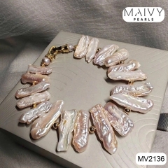 MV2136 | Lắc Tay Ngọc Trai Keshi Hạt Dài - Vẻ đẹp độc bản từ ngọc trai tự nhiên 100%