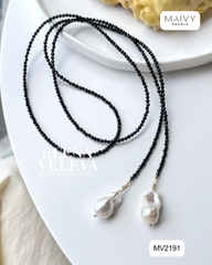 MV2191 - Dây Chuyền Đá Spinel Đen Size Nhí Hở 2 Đầu Dài 180cm Nhấn Trai Baroque Trắng