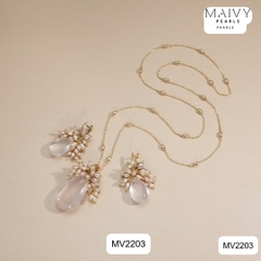 MV2203 - Set Trai Gạo Mix Đá Thạch Anh Hồng Gồm Dây Chuyền / Lắc Tay