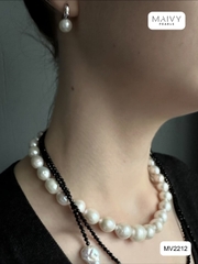 MV2212 -Set Chuỗi Đá Spinel Đen Mix Ngọc Trai Trắng Dáng Dài Và Bông Tai Ngọc Trai