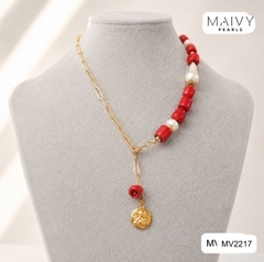 MV2217 - Dây Chuyền San Hô Đỏ Dáng Lu Mix Ngọc Trai Baroque Trắng.