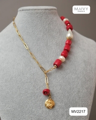 MV2217 - Dây Chuyền San Hô Đỏ Dáng Lu Mix Ngọc Trai Baroque Trắng