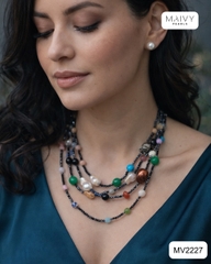 MV2227- Set dây chuyền mix nhiều sợi đá đa sắc và nụ 9li  Ocean Glow