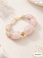 MV2239 - Lắc Tay Thạch Anh Hồng Khối Mix Charm Bạc 925 Mạ Vàng 18K