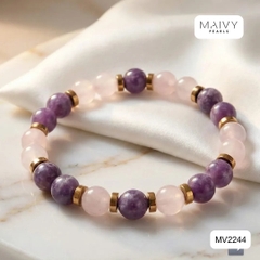 MV2244 - Lắc Tay Ngọc Trai Trắng Mix Thạch Anh Tím Và Charm Bạc 925 Mạ Vàng 18K