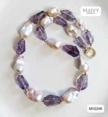 MV2246 - Dây Chuyền Ngọc Trai Baroque Mix Đá Thạch Anh Tím Khối To