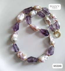 MV2246 - Dây Chuyền Ngọc Trai Baroque Mix Đá Thạch Anh Tím Khối To