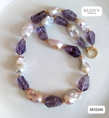 MV2246 - Dây Chuyền Ngọc Trai Baroque Mix Đá Thạch Anh Tím Khối To