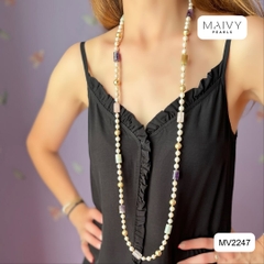 MV2247 - Dây Chuyền Ngọc Trai Trắng Mix Đá Thạch Anh Dạng Lu Các Màu Và Charm Bạc 925 Mạ Vàng 18K