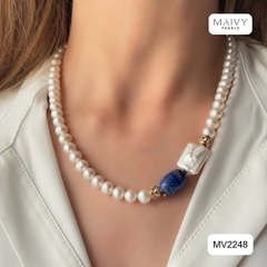 MV2248 - Set Ngọc Trai Trắng Mix Đá Thạch Anh Xanh Dương Đậm Gồm Dây Chuyền/Lắc Tay