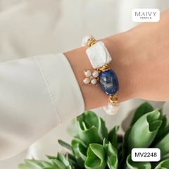 MV2248 - Set Ngọc Trai Trắng Mix Đá Thạch Anh Xanh Dương Đậm Gồm Dây Chuyền/Lắc Tay