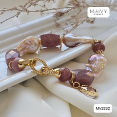 MV2262 - Lắc Tay Thạch Anh Tím Mix Ngọc Trai Baroque Và Charm Bạc 925 Mạ Vàng 18K
