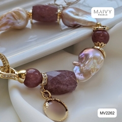 MV2262 - Lắc Tay Thạch Anh Tím Mix Ngọc Trai Baroque Và Charm Bạc 925 Mạ Vàng 18K