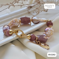 MV2262 - Lắc Tay Thạch Anh Tím Mix Ngọc Trai Baroque Và Charm Bạc 925 Mạ Vàng 18K
