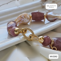 MV2262 - Lắc Tay Thạch Anh Tím Mix Ngọc Trai Baroque Và Charm Bạc 925 Mạ Vàng 18K