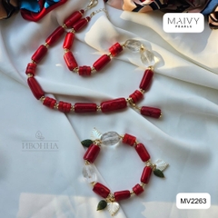 MV2263  - Set San Hô Đỏ Dáng Lu Mix Phale Trắng Gồm Dây Chuyền/Lắc Tay/Bông Tai
