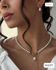 MV2277- Set dây chuyền và bông tai trai trắng Lumi Pearl