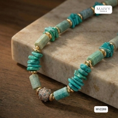 MV2289 - Dây chuyền đá lam xếp tầng mix đá thạch anh xanh lá