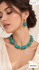 MV2303 - Set Dây Chuyền/Bông Tai Đá Lam (Turquoise) Tròn Xếp Tầng Cách Điệu