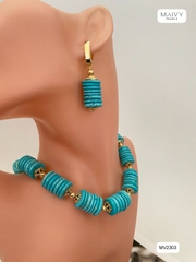 MV2303 - Set Dây Chuyền/Bông Tai Đá Lam (Turquoise) Tròn Xếp Tầng Cách Điệu