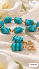 MV2303 - Set Dây Chuyền/Bông Tai Đá Lam (Turquoise) Tròn Xếp Tầng Cách Điệu