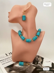 MV2303 - Set Dây Chuyền/Bông Tai Đá Lam (Turquoise) Tròn Xếp Tầng Cách Điệu