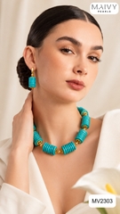 MV2303 - Set Dây Chuyền/Bông Tai Đá Lam (Turquoise) Tròn Xếp Tầng Cách Điệu