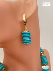 MV2303 - Set Dây Chuyền/Bông Tai Đá Lam (Turquoise) Tròn Xếp Tầng Cách Điệu