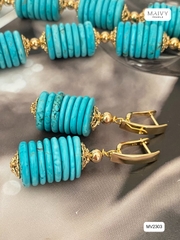 MV2303 - Set Dây Chuyền/Bông Tai Đá Lam (Turquoise) Tròn Xếp Tầng Cách Điệu