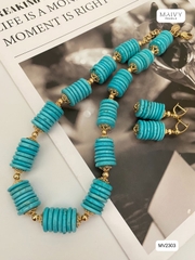 MV2303 - Set Dây Chuyền/Bông Tai Đá Lam (Turquoise) Tròn Xếp Tầng Cách Điệu