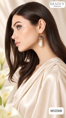 MV2308 - Hhoa tai đá chùm thạch anh tím nhấn ngọc trai baroque mặn
