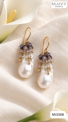 MV2308 - Hhoa tai đá chùm thạch anh tím nhấn ngọc trai baroque mặn