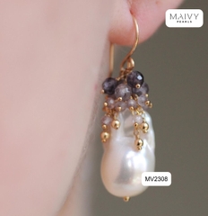 MV2308 - Hhoa tai đá chùm thạch anh tím nhấn ngọc trai baroque mặn