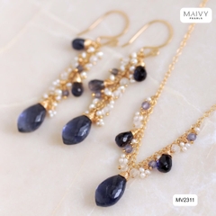 MV2311 - Set bông tai thạch anh tím mix ngọc trai trắng và Dây chuyền nhấn mặt đá thạch anh tím phụ kiện bạc 925 mạ vàng 18k