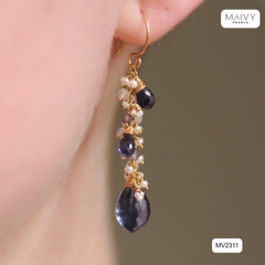 MV2311 - Set bông tai thạch anh tím mix ngọc trai trắng và Dây chuyền nhấn mặt đá thạch anh tím phụ kiện bạc 925 mạ vàng 18k