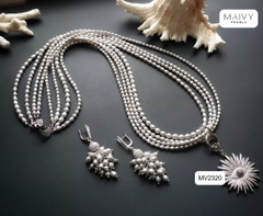 MV2320 - Set ngọc trai xám gồm dây chuyền nhiều sợi và bông tai  dáng chùm nho